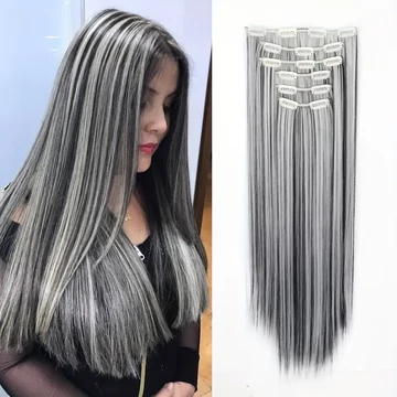 FEKETE-SILVER melíros Egyenes ,60cm hosszú,16 csatos Póthaj