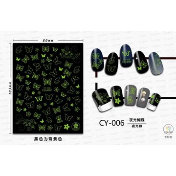 CY-006-OS, PILLANGÓK ÉS VIRÁGOK, VILÁGÍTÓS, öntapadós körömmatrica