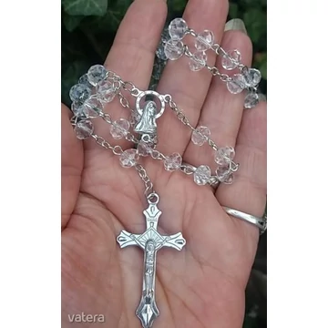 FEHÉR,10 MM-ES, fazettált, kristály rózsafüzér, imalánc nyaklánc