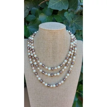 BRONZ-TEJESKÁVÉ-FEHÉR TEKLA, extra szemenként csomózott gyöngy nyaklánc gyöngysor 150 cm