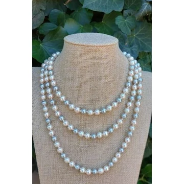 RÓZSASZÍN-HALVÁNYSZÜRKE-FEHÉR TEKLA, extra szemenként csomózott gyöngy nyaklánc gyöngysor 150 cm