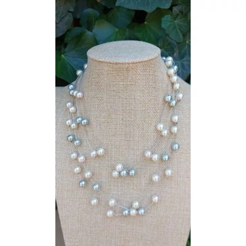 RÓZSASZÍN-HALVÁNYSZÜRKE-FEHÉR TEKLA gyöngy nyaklánc 3 színű gyöngyökből, ezüst láncon, kapcsos