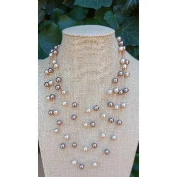 BRONZ-TEJESKÁVÉ TEKLA gyöngy nyaklánc gyöngysor 2 színű gyöngyből,arany színű láncon,kapcsos