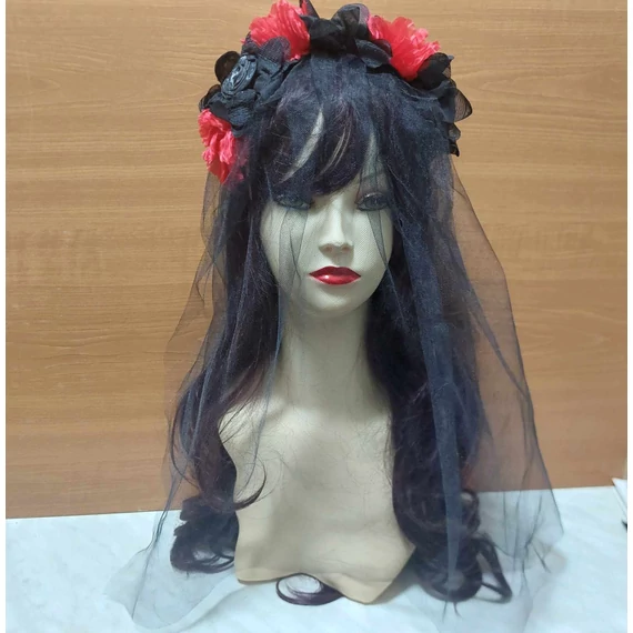 Halloween rózsás fejpánt, fekete fátyollal FEKETE-PIROS