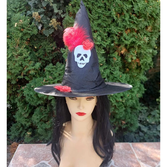 Halloween fekete, piros rózsás tollas, koponyás boszorkány kalap