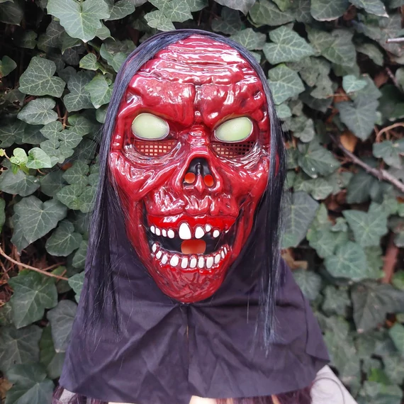 Zombi maszk sötétben világító szemű Halloween jelmez kiegészítő, PIROS