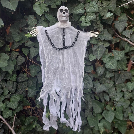 Halloween dekoráció láncos szellem, 80cm, FEHÉR