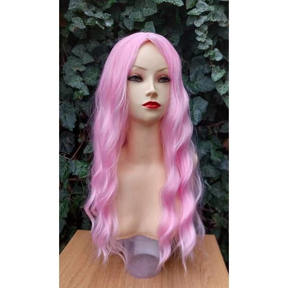 RÓZSASZÍN Hosszú hullámos frufru nélküli paróka Anime Cosplay, L-104, X jelű