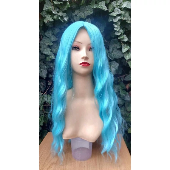 TÜRKÍZKÉK Hosszú hullámos frufru nélküli paróka Anime Cosplay, L-104, X jelű