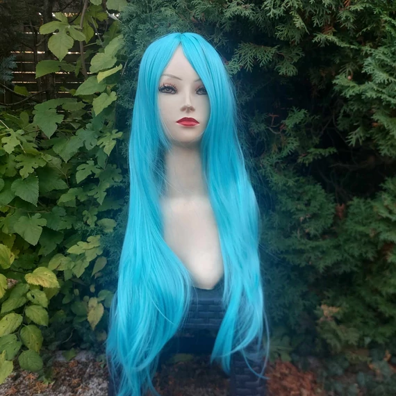 TÜRKÍZKÉK Anime Colsplay extra hosszú egyenes frufru nélküli paróka 70cm, MINT BLUE, YBB01