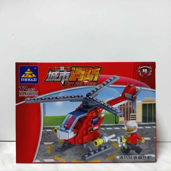 Tűzoltó helikopter+ figura, tűzoltó  építő játék, 72db-os, 4