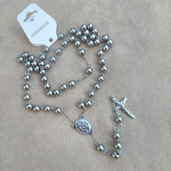EZÜST színű, 8 mm-es, orvosi fém, rozsdamentes nemes acél, rózsafüzér, imalánc