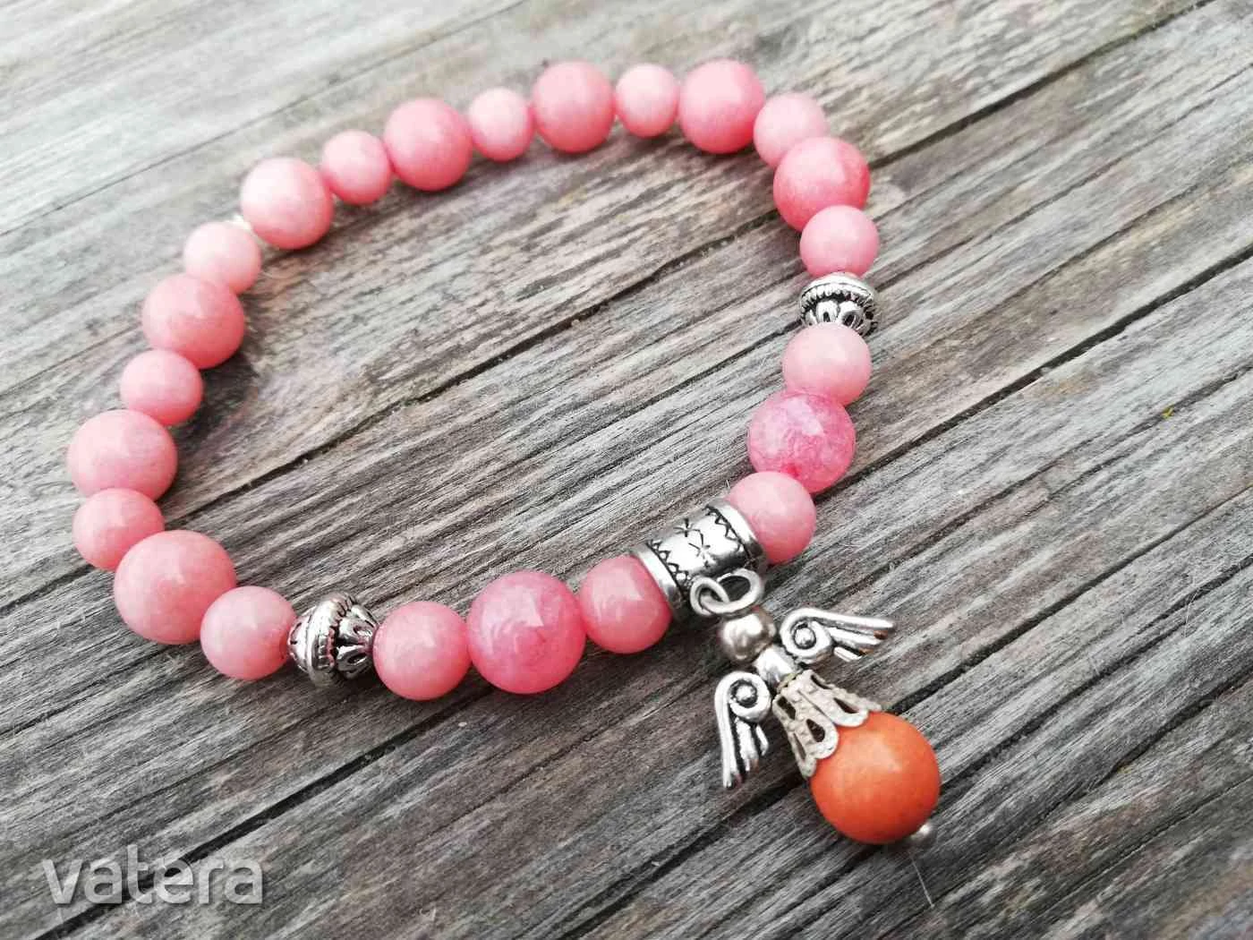 MORGANIT ásvány karkötő angyalkával tibeti ezüst köztesekkel