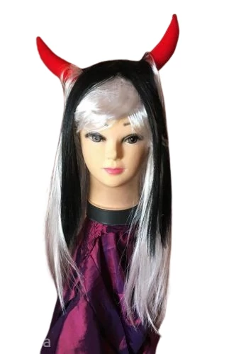 FEKETE-FEHÉR Ördög, krampusz Szarvas Hosszú Egyenes Buli Paróka HALLOWEEN