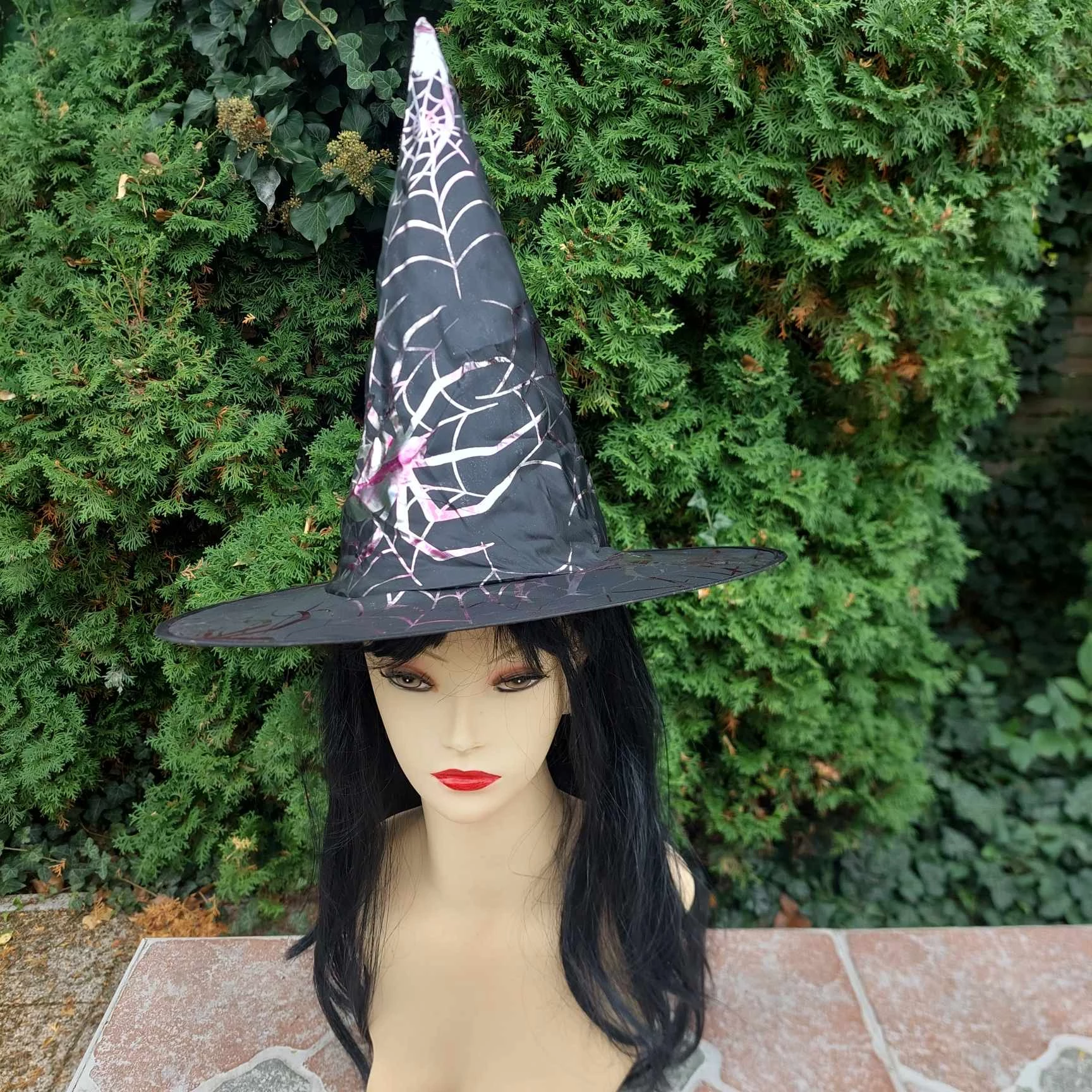 Halloween ezüst-rózsaszín pók mintás fekete boszorkány kalap