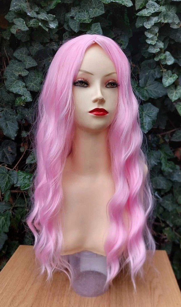 RÓZSASZÍN Hosszú hullámos frufru nélküli paróka Anime Cosplay, L-104, X jelű