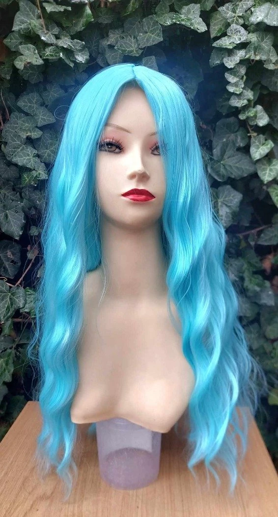 TÜRKÍZKÉK Hosszú hullámos frufru nélküli paróka Anime Cosplay, L-104, X jelű