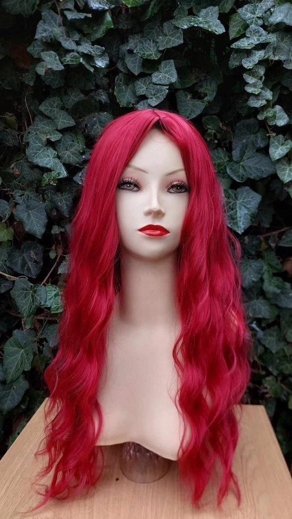 TŰZVÖRÖS Hosszú hullámos frufru nélküli paróka Anime Cosplay, L-104, X jelű