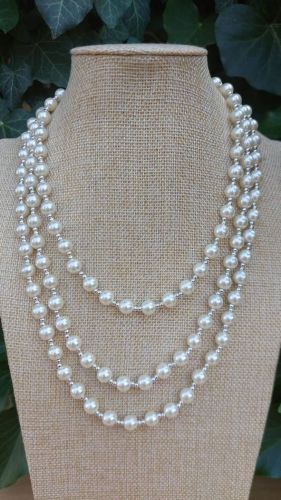 FEHÉR TEKLA gyöngy nyaklánc gyöngysor ezüstszürke színű ezüst köztes gyöngyökkel 150 cm